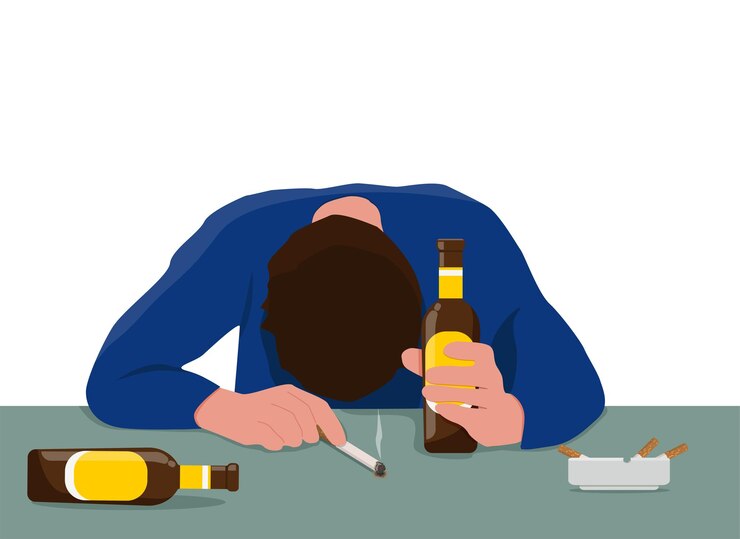 Vector adicción al alcohol fumar malos hábitos un borracho se durmió con un cigarrillo sin terminar