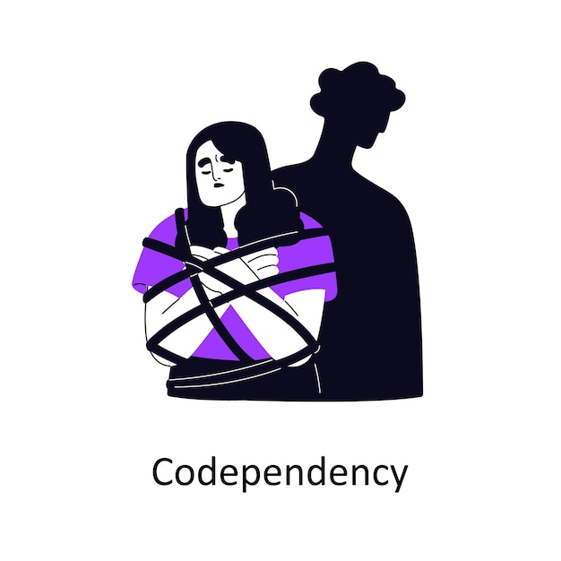 Adicción a la codependencia en relaciones de pareja no saludables Problema de psicología de la codependencia Concepto mental Mujer adicta codependente Víctima Ilustración vectorial plana aislada en fondo blanco