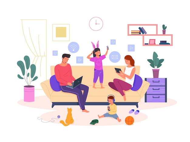 Adicción familiar a los gadgets Personas adictas en las redes sociales, teléfonos celulares, niños que usan el teléfono digital en el hogar, internet, padres, uso de tabletas todo el tiempo, dispositivo de sujeción para niños, vector llamativo