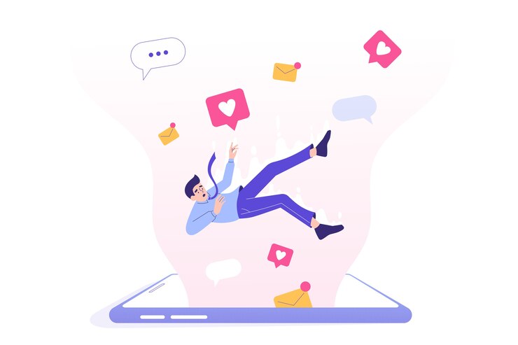 Vector adicción a las redes sociales con un hombre cayendo en la pantalla de un gran teléfono inteligente