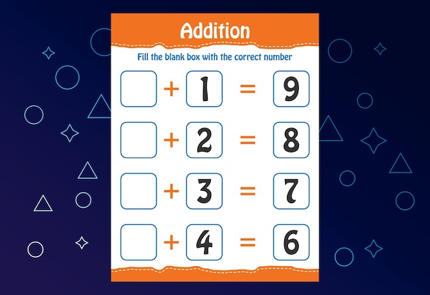 Adición matemática básica para niños Llene el cuadro en blanco con el número correcto Hoja de trabajo para niños