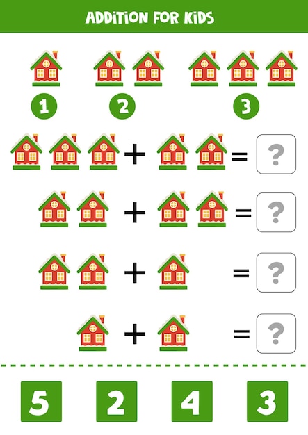 Adición para niños con casa de Navidad dibujada a mano.