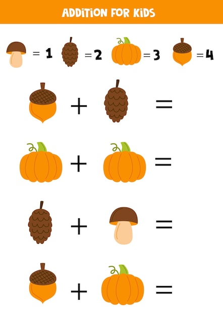 Adición para niños con diferentes elementos lindos de otoño.