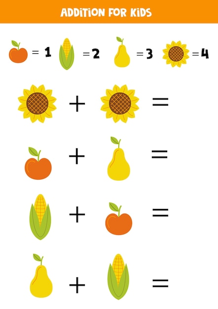 Adición para niños con diferentes elementos lindos de otoño.