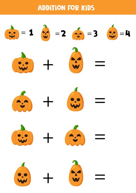 Adición para niños con espeluznantes calabazas de Halloween.