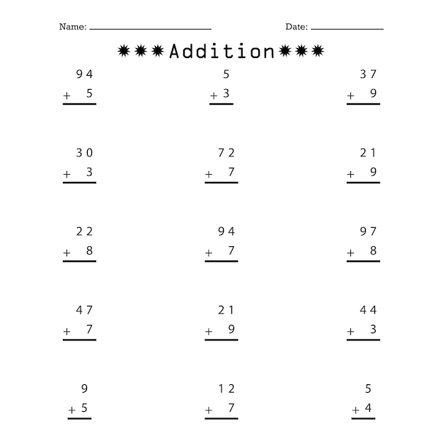 Adición para niños - hoja de trabajo de matemáticas dibujada a mano