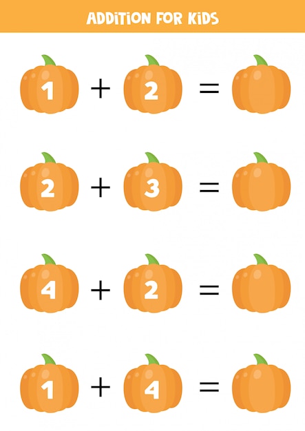 Adición para niños con lindas calabazas de dibujos animados. Ecuaciones matemáticas