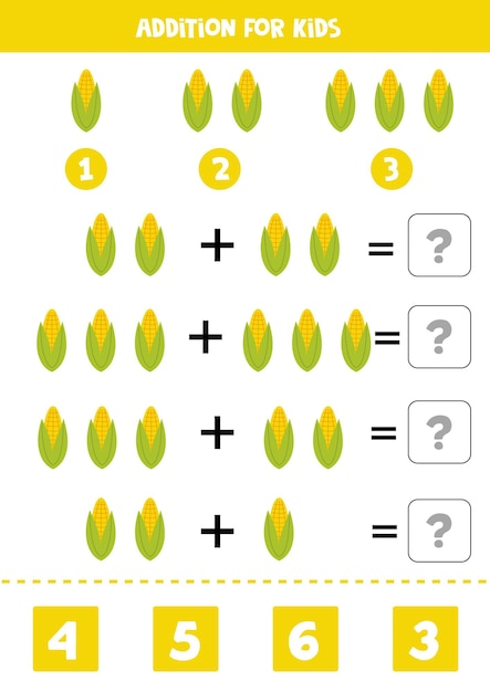Adición para niños con lindo maíz dibujado a mano