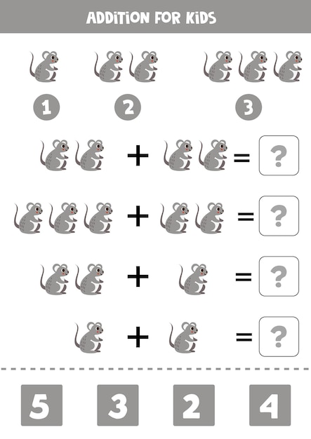 Adición para niños con lindo ratón gris de dibujos animados