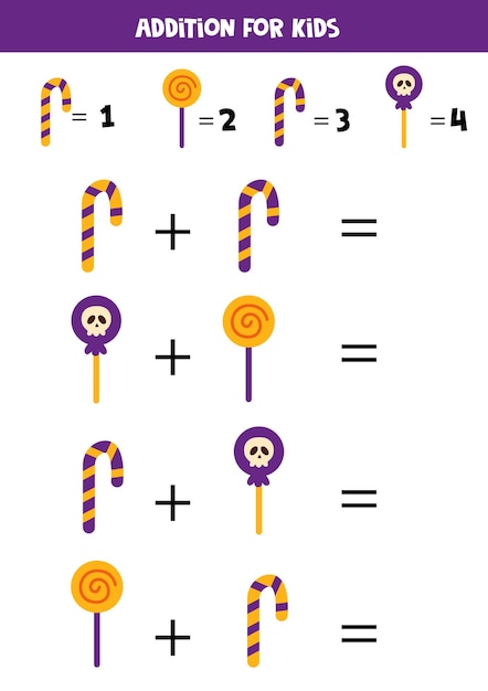 Adición para niños con lindos dulces de Halloween.