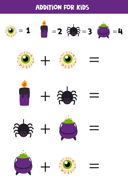 Adición para niños con lindos elementos de halloween.