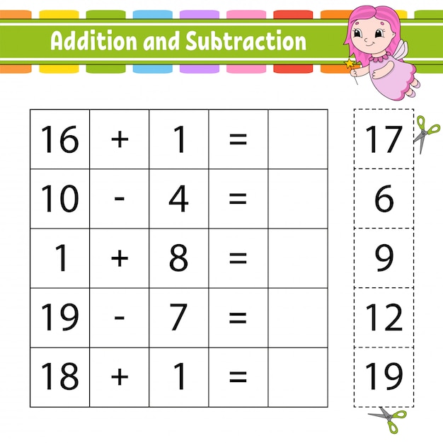 Adición y sustracción. tarea para niños. cortar y pegar.