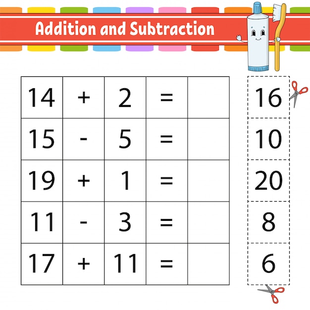 Adición y sustracción. tarea para niños. cortar y pegar.