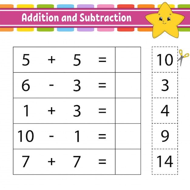 Adición y sustracción. Tarea para niños. Hoja de trabajo de desarrollo de educación.