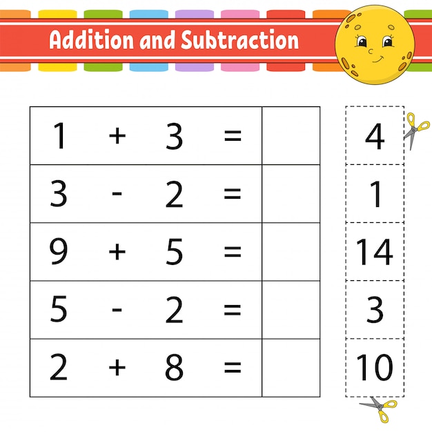 Adición y sustracción. Tarea para niños. Hoja de trabajo de desarrollo educativo. Página de actividades.