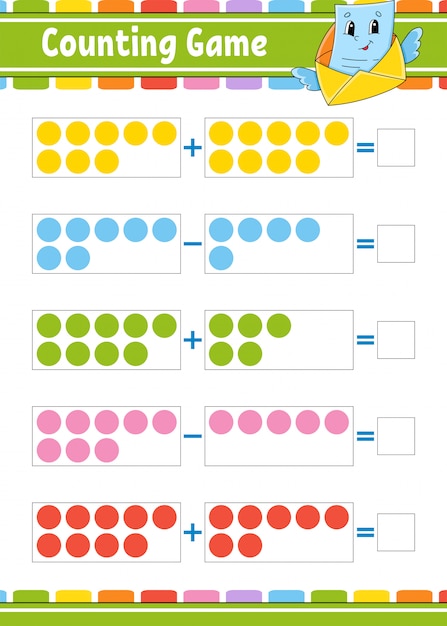 Adición y sustracción. Tarea para niños. Hoja de trabajo de desarrollo educativo. Página de colores de la actividad.