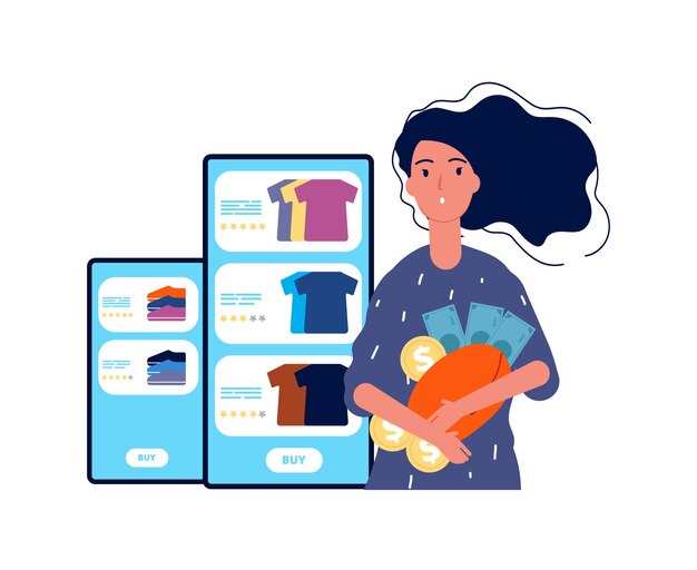 Vector adicto a las compras. chica y compras online. mujer sosteniendo billetera con dinero. ilustración plana de dibujos animados