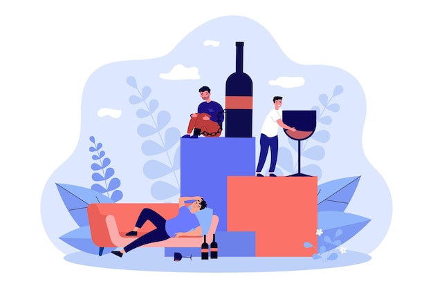 Adictos al alcohol y borrachos con botella de vino y vasos. Gente diminuta adicta con ilustración de vector plano de resaca. Adicción, concepto de dependencia para banner, diseño de sitio web o página web de destino