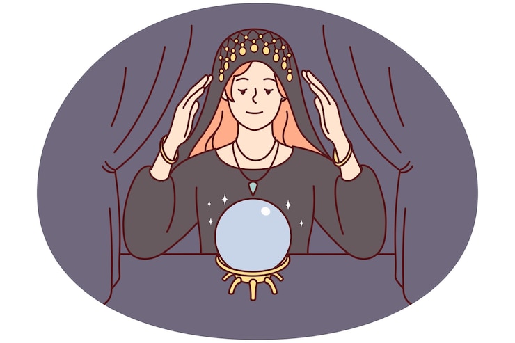 Vector la adivina mira la pelota mágica predice el futuro la mujer gitana en túnica hace magia