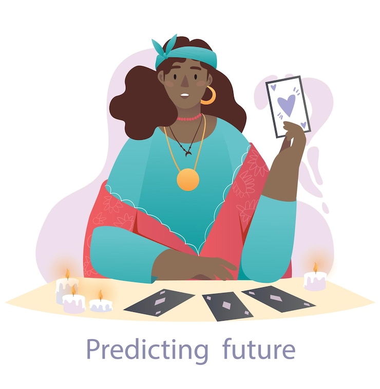 Vector adivina en el trabajo concepto mujer con habilidades sobrenaturales predice el futuro con la ayuda del tarot