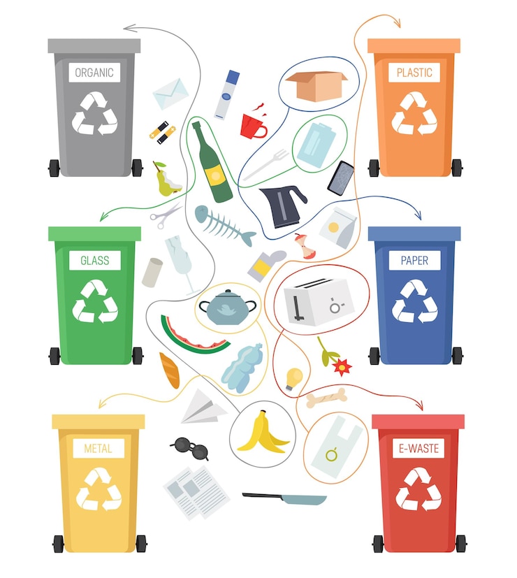 Vector adivinanza en una ficha de diferentes cubos de basura para distintos tipos de residuos sobre un fondo blanco, concepto de
