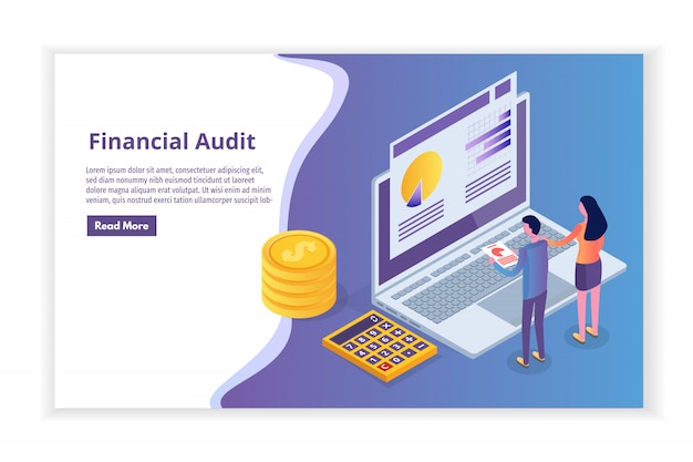 Administración financiera, examinador, auditoría isométrica concepto con personajes. Impuesto de sociedades y cuenta.