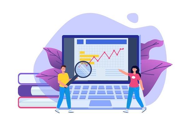 Administración financiera, examinador, concepto de auditoría con personajes. Impuesto de empresa y cuenta. Ilustración vectorial