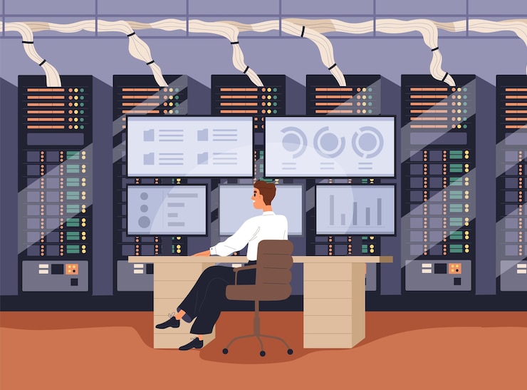 Vector administrador en la computadora en la sala de servidores. trabajar con tecnología de la información, ciberseguridad, almacenamiento de big data, administración, análisis de bases de datos y mantenimiento de ciberseguridad. ilustración vectorial plana