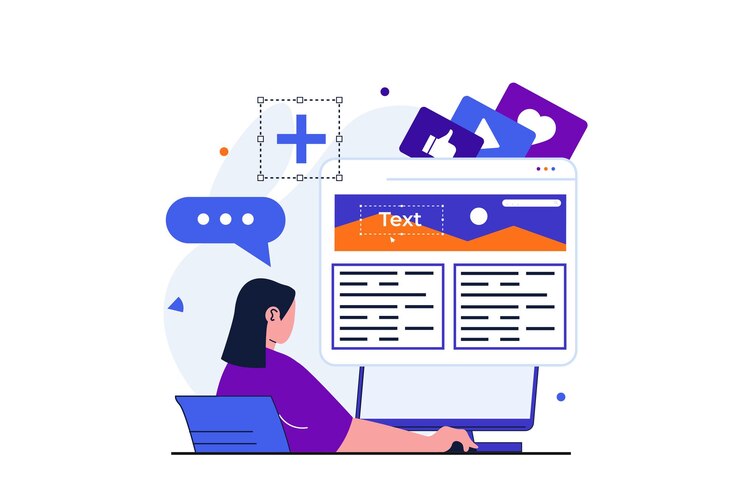 Vector administrador de contenido concepto plano moderno para diseño de banner web mujer escribe y publica artículo