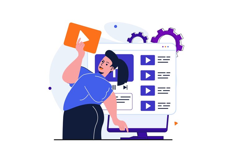 Vector administrador de contenido moderno concepto plano para diseño de banner web mujer desarrolla canal de video crea