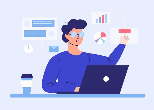 Administrador de contenido en el trabajo ilustración dibujada a mano Concepto de habilidades multitarea Hombre a cargo de SMM