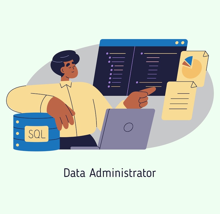 Vector administrador de datos que trabaja en una computadora con información de base de datos