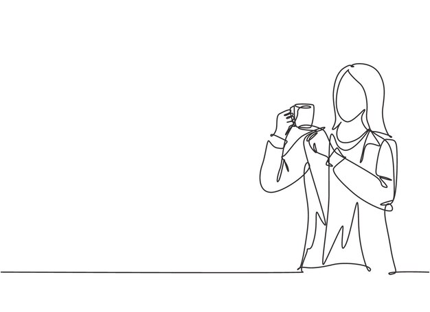 Un administrador de dibujo de línea continua hace un gesto silencioso con el dedo mientras sostiene el vector de café