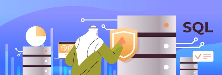 Vector administrador masculino árabe que trabaja con el servidor de datos sql concepto de lenguaje de consulta estructurado retrato horizontal ilustración vectorial