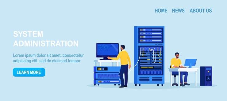 Vector administrador del sistema, mantenimiento del servidor, ajuste del hardware de la pc de la red, administrador del sistema, reparación de computadoras, servicio de mantenimiento del centro de datos de administración, reparador que realiza trabajos técnicos con rack de servidores.
