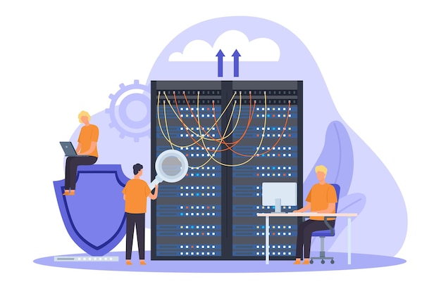 Administrador del sistema, mantenimiento del servidor, soporte y concepto de seguridad. Tecnología de almacenamiento en red en la nube, banner de vector de servidores de fijación de sysadmin