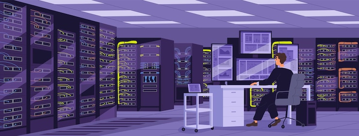 Vector administrador de sistemas en la computadora en la sala de servidores con equipos de almacenamiento, bastidores de hardware, dispositivos de red. mantenimiento y administración de la seguridad de la base de datos digital en el centro de datos. ilustración de vector plano.