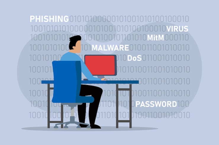 Vector administrador de ti asegurando la computadora contra malware, phishing y virus