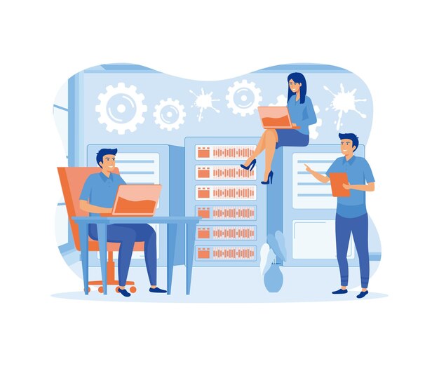 Los administradores de sistemas o sysadmins están prestando servicio a los racks de servidores Administración del sistema Mantenimiento de la configuración de los sistemas informáticos y redes Concepto de vector plano Ilustración moderna