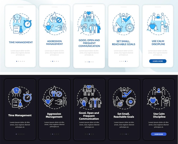 Administre el TDAH en la pantalla de la página de la aplicación móvil de incorporación de niños. Tutorial de control de emociones Instrucciones gráficas de 5 pasos con conceptos. UI, UX, plantilla de vector GUI con ilustraciones lineales en modo día y noche