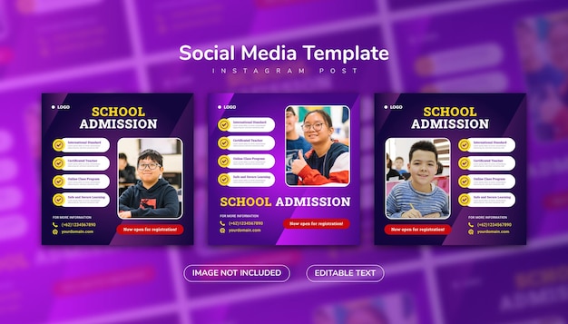 Admisión escolar publicación de redes sociales y banner web plantilla de instagram con degradado de color púrpura