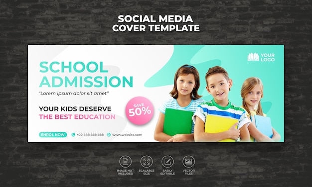 Vector admisión de regreso a la escuela bandera web para medios sociales para la portada de facebook plantilla de folleto de diseño de bandera de línea de tiempo