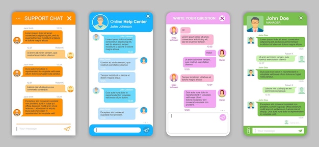 Admite la ventana del bot de chat, la interfaz de la aplicación de mensajería de chatbot, plantillas vectoriales. Soporte al cliente en línea y cuadro de diálogo de la mesa de ayuda web, cuadro de mensaje del consultor en vivo del sitio web o cuadro de diálogo y cuadro de mensaje de chatbot