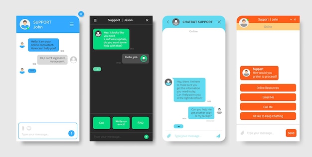 Admite ventana de chat, chatbot o plantilla de vector de interfaz de aplicación de mensajería bot. Soporte al cliente y aplicación de mesa de ayuda en línea, diálogo de consultor web o cuadro de mensaje en vivo y aplicación de chatbot