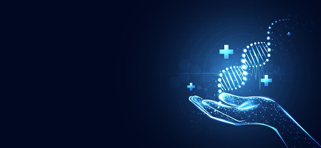 ADN para la presentación Investigación de moléculas de ADN Ciencia de biología Innovación Investigación genética Ciencia con moléculas y átomos Mano con más y icono médico