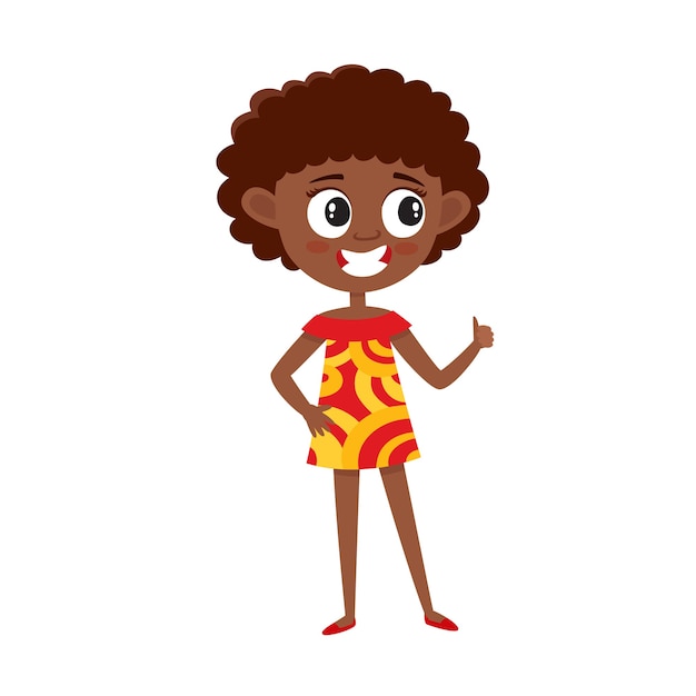 Vector adolescente afro en vestido brillante en estilo de dibujos animados aislado en blanco, ilustración