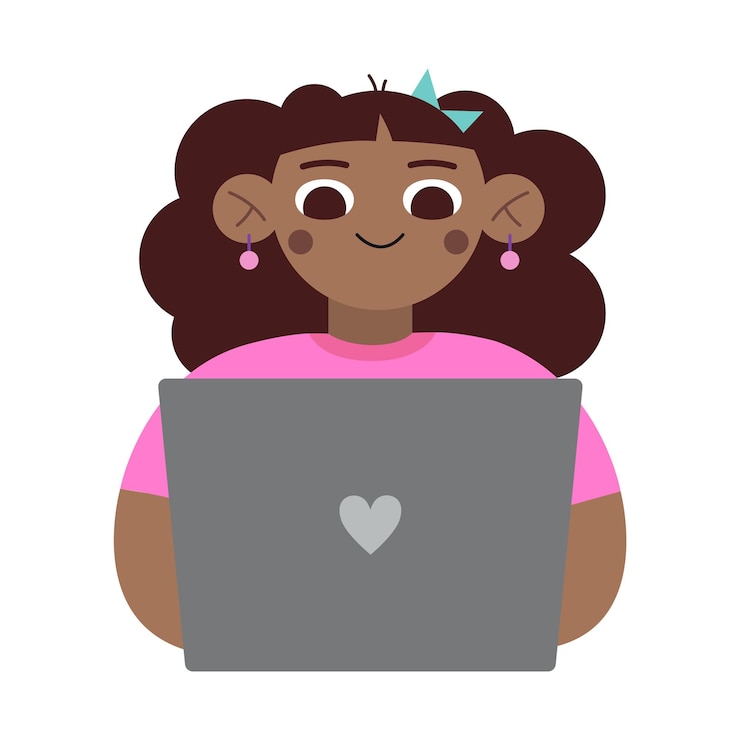 Vector adolescente afroamericana usando computadora portátil aprendizaje tutorial y entretenimiento estilo de dibujos animados moderno trendy ilustración vectorial aislada en blanco diseño plano dibujado a mano