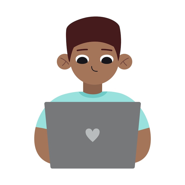 Vector adolescente afroamericano usando computadora portátil aprendizaje tutorial y entretenimiento estilo de dibujos animados ilustración vectorial moderna de moda aislada en blanco diseño plano dibujado a mano