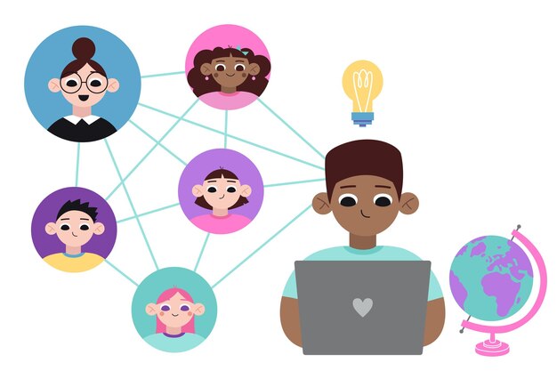 Adolescente afroamericano usando una computadora portátil para estudiar y conexiones con sus compañeros de clase y el maestro estilo de dibujos animados Ilustración vectorial moderna de moda aislada en diseño plano blanco
