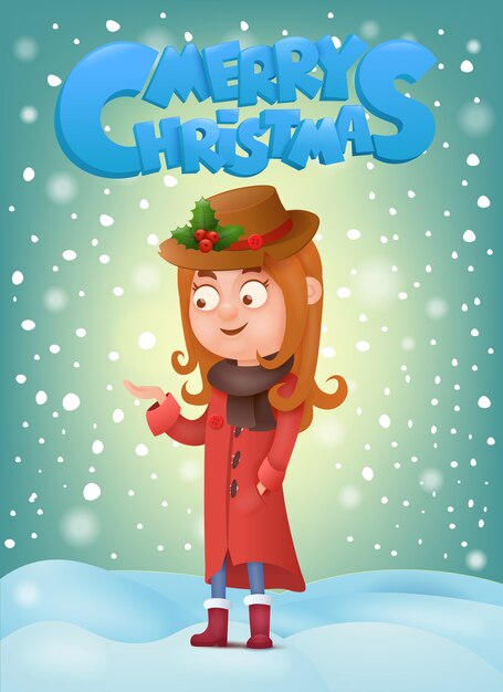 Adolescente atrapando copos de nieve. Tarjeta de Navidad.